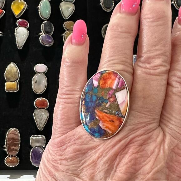 Orange blue pink  Spiny oyster solid sterling silver 925 ring handmade size 7 - Picture 4 of 8